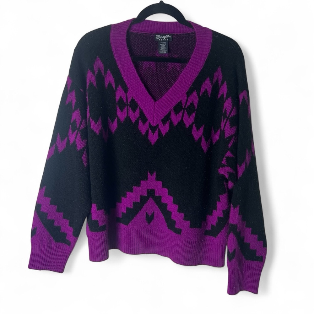 Wrangler Retro - Vintage Southwestern Aztec V Neck Sweater Purple Black‎ - Sz. M